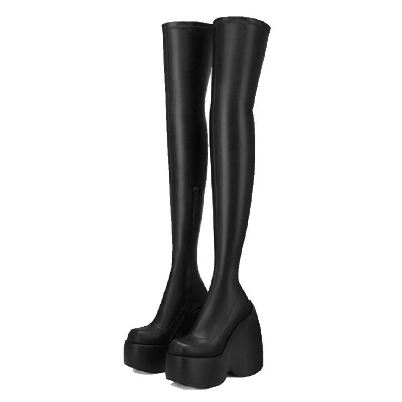 Sassy Round Toe Platform Geometric Heeled Over Knee Boots - Black