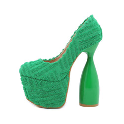 Sassy Round Toe Platform Geometric Heeled Terry Towel Pumps - Green