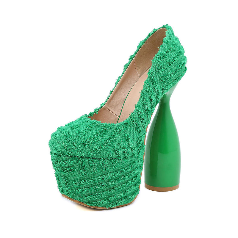 Sassy Round Toe Platform Geometric Heeled Terry Towel Pumps - Green