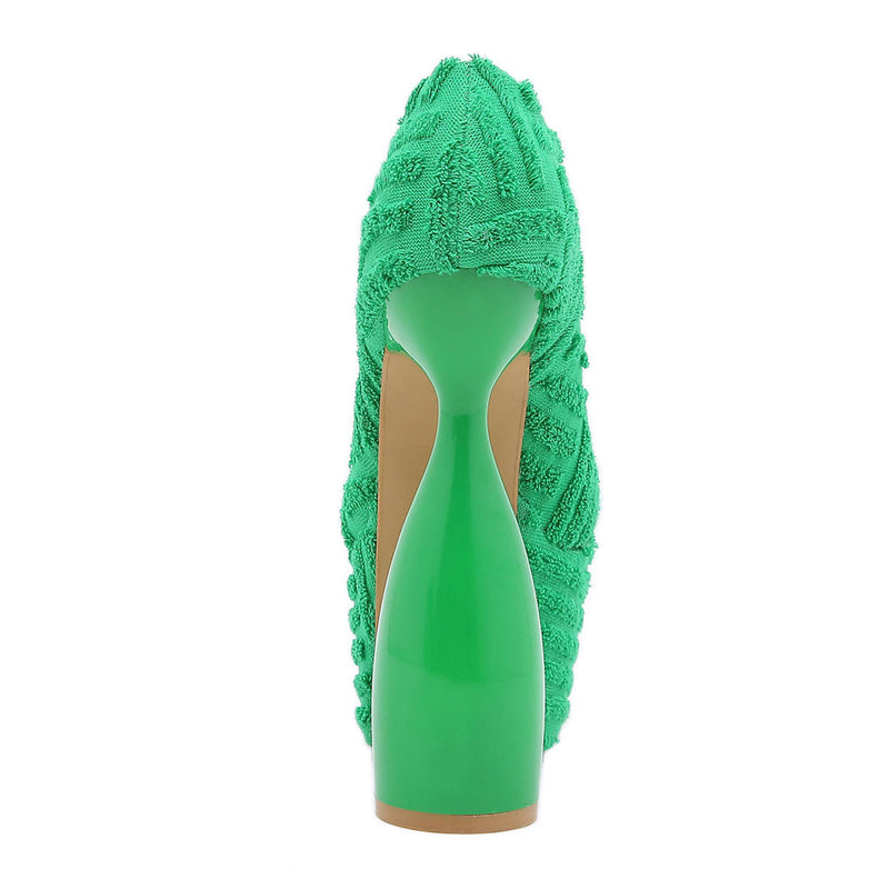 Sassy Round Toe Platform Geometric Heeled Terry Towel Pumps - Green