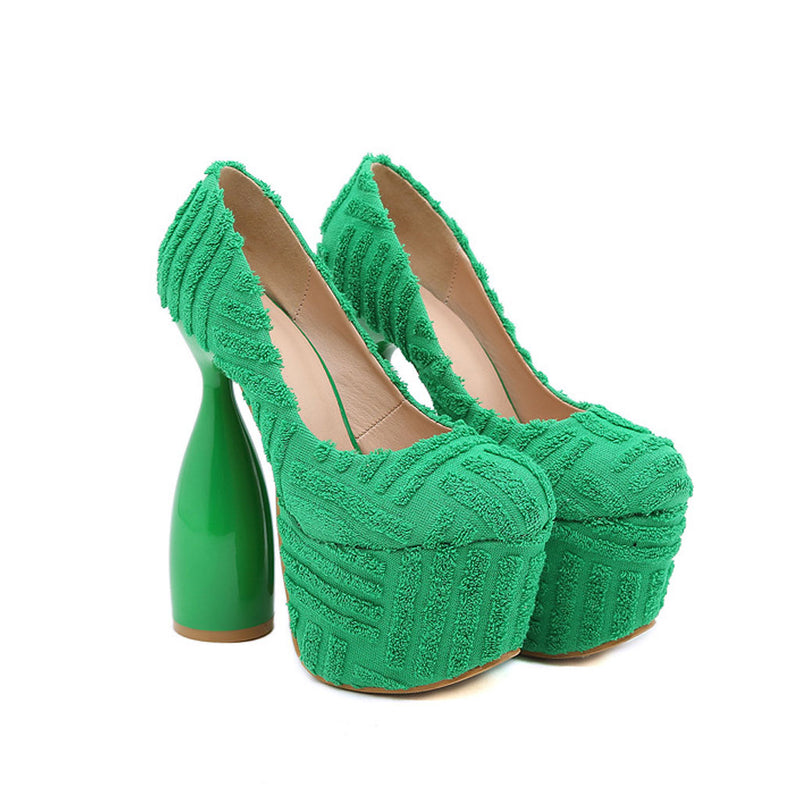 Sassy Round Toe Platform Geometric Heeled Terry Towel Pumps - Green