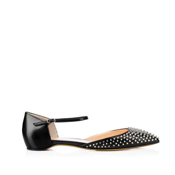 Sassy Spike Detail Pointed Toe Faux Leather Ankle Strap Flats - Black