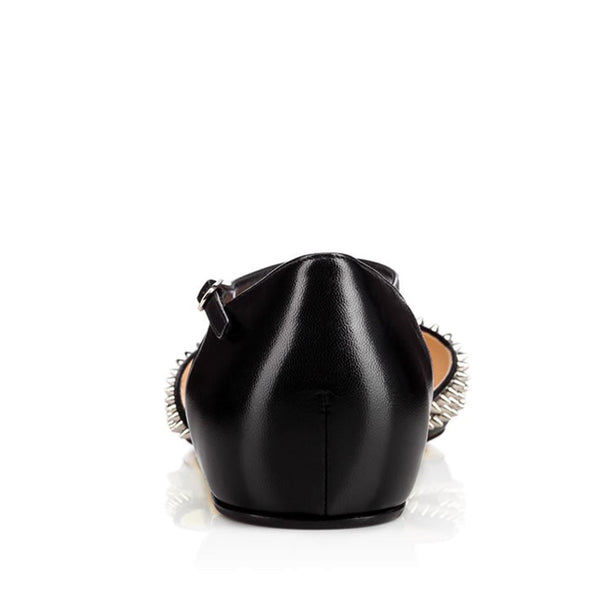 Sassy Spike Detail Pointed Toe Faux Leather Ankle Strap Flats - Black