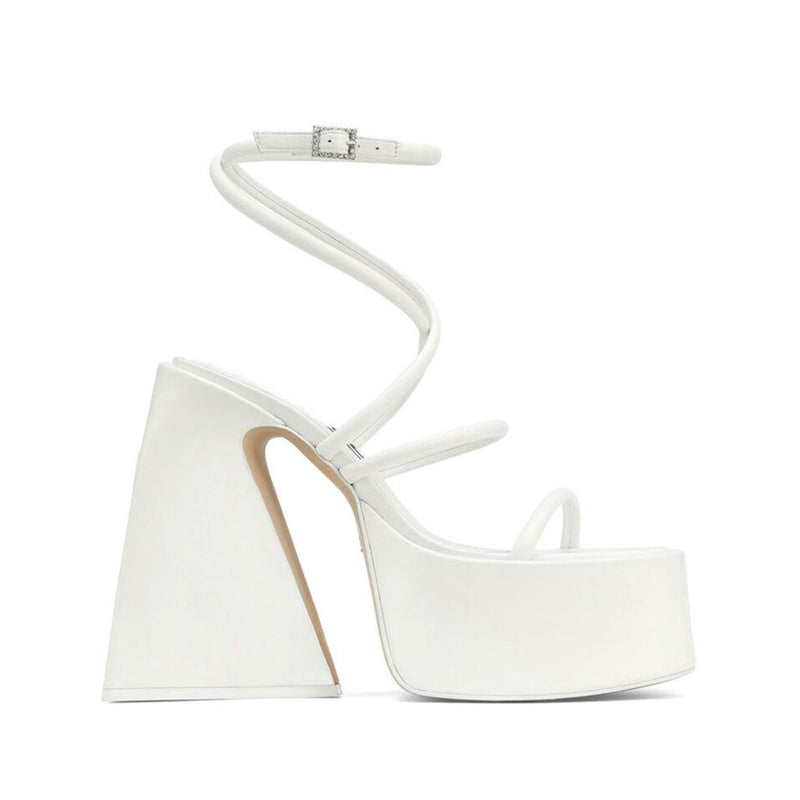 Sassy Square Toe Ankle Strap Platform Sculpted Heel Sandals - White