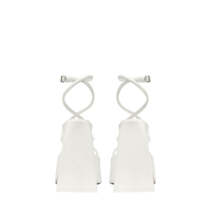 Sassy Square Toe Ankle Strap Platform Sculpted Heel Sandals - White