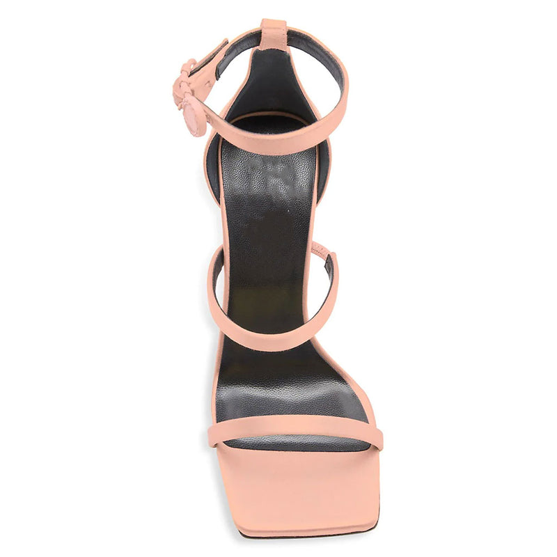Sassy Square Toe Ankle Strap Sculpted Heel Satin Sandals - Mauve Pink