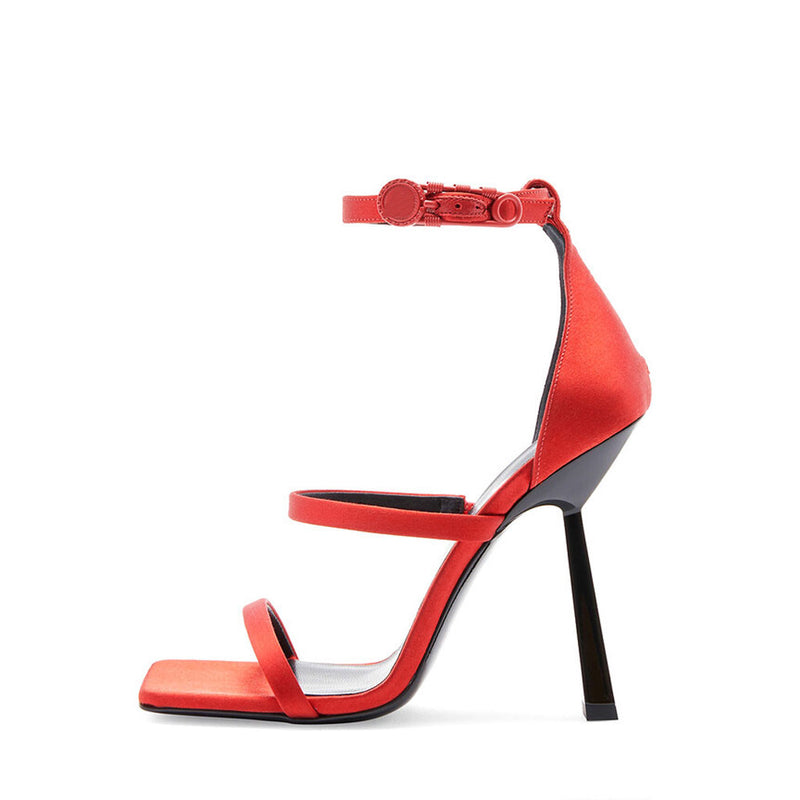 Sassy Square Toe Ankle Strap Sculpted Heel Satin Sandals - Red