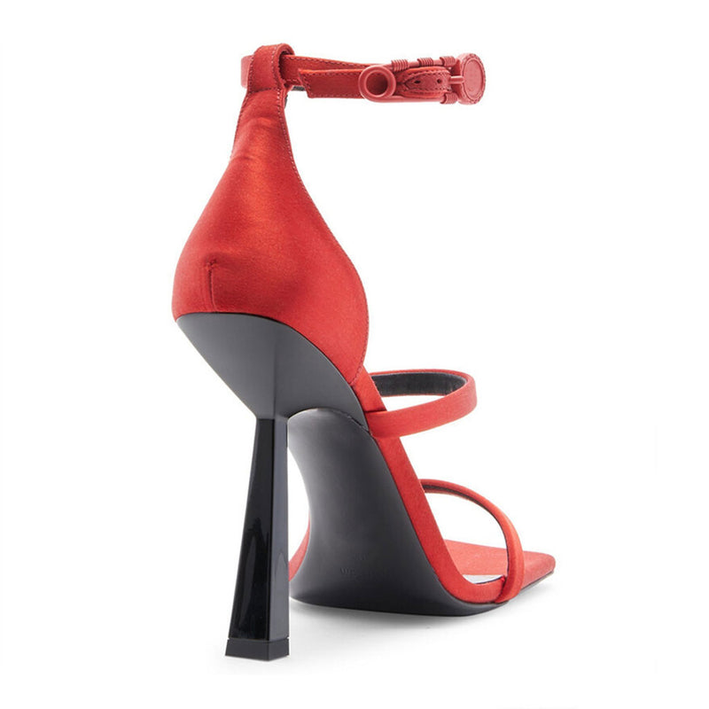 Sassy Square Toe Ankle Strap Sculpted Heel Satin Sandals - Red