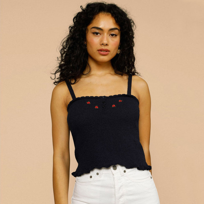 Scalloped Edge Floral Embroidered Knit Cami Tank Top - Black