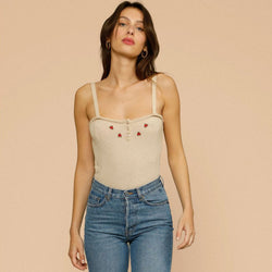 Scalloped Edge Floral Embroidered Knit Cami Tank Top - Khaki