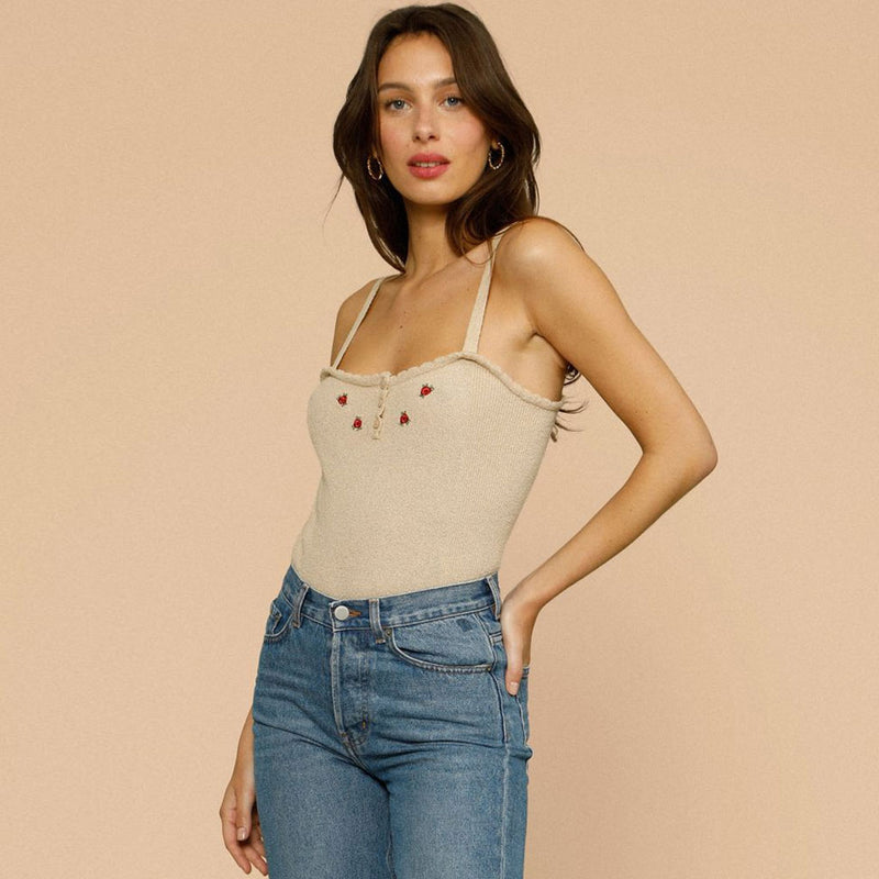 Scalloped Edge Floral Embroidered Knit Cami Tank Top - Khaki