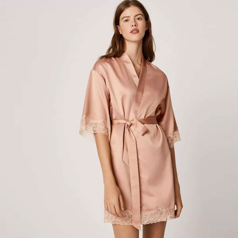 Scalloped Lace Panel Robe Halter Neck Satin Lounge Set - Pink