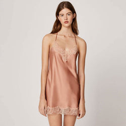 Scalloped Lace Panel Robe Halter Neck Satin Lounge Set - Pink