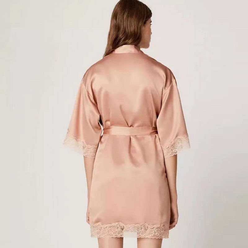 Scalloped Lace Panel Robe Halter Neck Satin Lounge Set - Pink