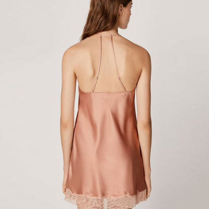 Scalloped Lace Panel Robe Halter Neck Satin Lounge Set - Pink