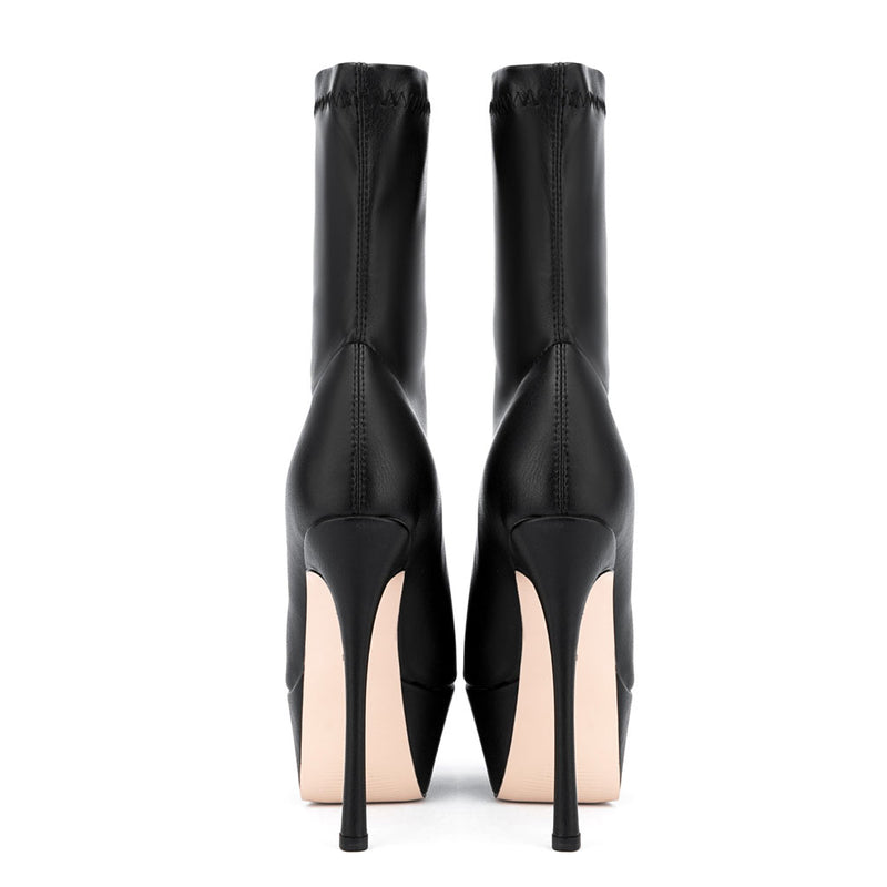 Sculpted Platform Pointed Toe Faux Leather Stiletto Sock Boots - Black