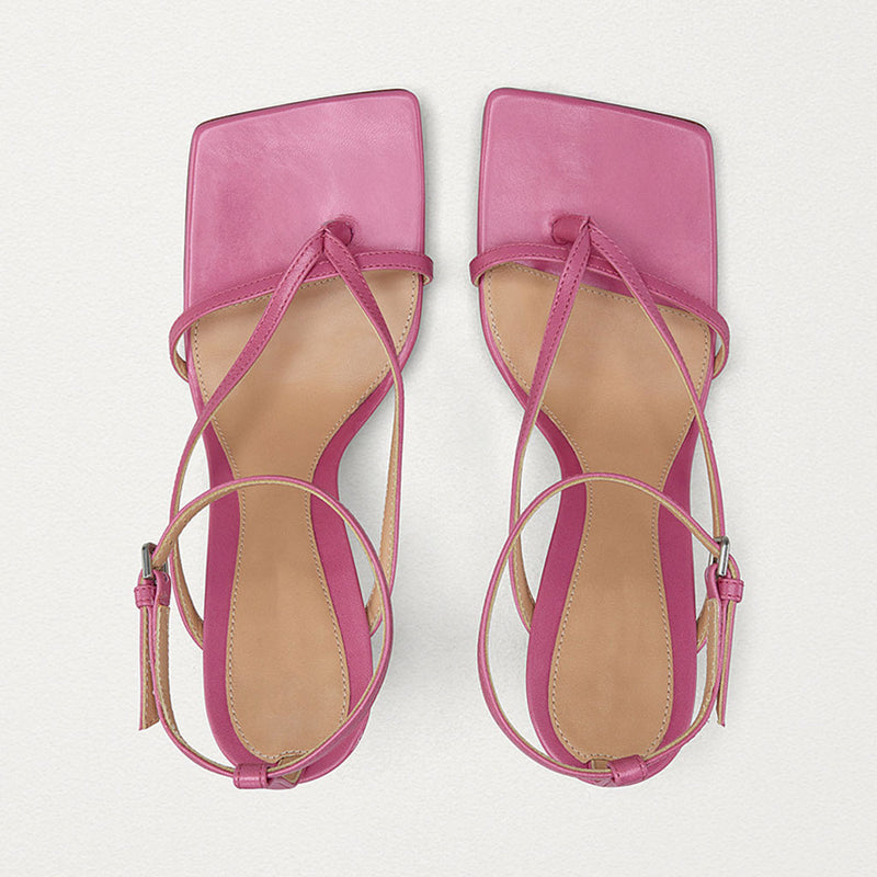Seductive Thong Strap Faux Leather Square Toe Stiletto Sandals - Pink