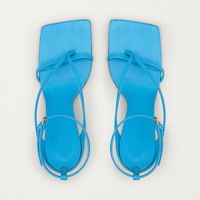 Seductive Thong Strap Faux Leather Square Toe Stiletto Sandals - Sky Blue