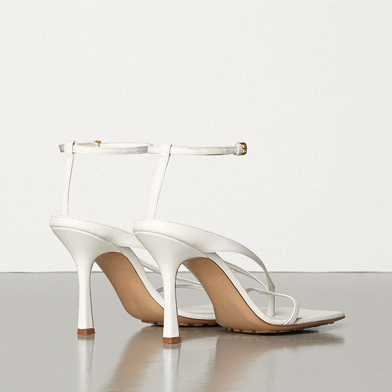 Seductive Thong Strap Faux Leather Square Toe Stiletto Sandals - White