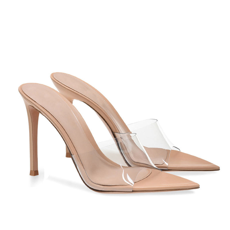 Sensual Clear PVC Pointed Toe Stiletto Mules - Apricot