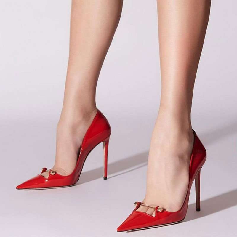 Sensual Metal Bar Detail Pointed Toe Patent Leather Stiletto Pumps