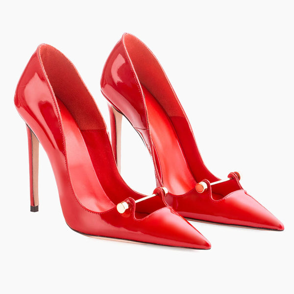 Sensual Metal Bar Detail Pointed Toe Patent Leather Stiletto Pumps - Red