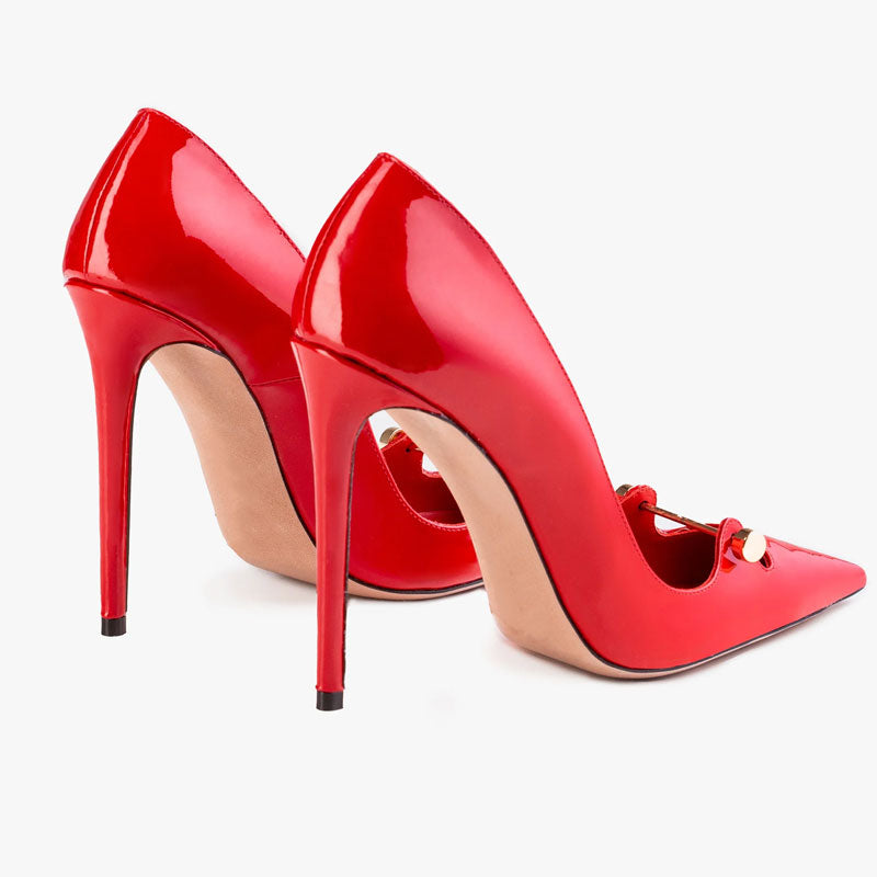 Sensual Metal Bar Detail Pointed Toe Patent Leather Stiletto Pumps - Red