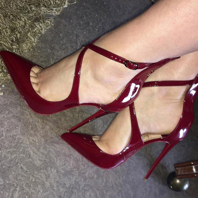 Sensual Patent Leather Cross Strap Pointed Toe Stiletto Pumps - Burgundy