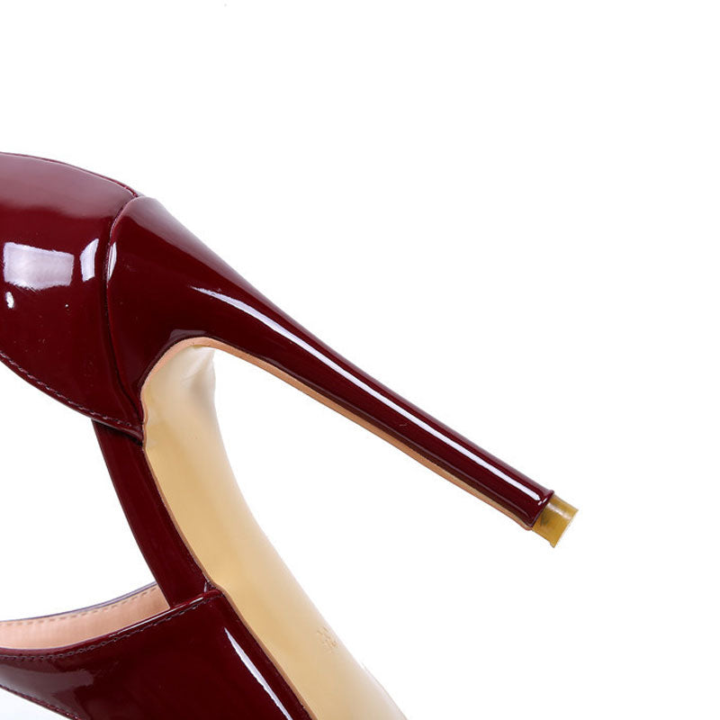 Sensual Patent Leather Cross Strap Pointed Toe Stiletto Pumps - Burgundy