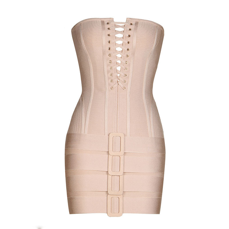Sexy Buckle Detail Lace Up Strapless Bustier Mini Bandage Dress - Beige