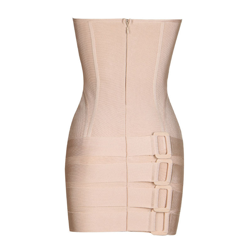 Sexy Buckle Detail Lace Up Strapless Bustier Mini Bandage Dress - Beige