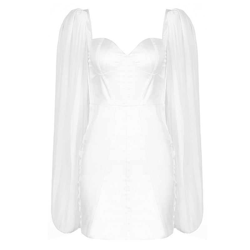Sexy Bustier Puff Sleeve Satin Bodycon Mini Party Dress - White