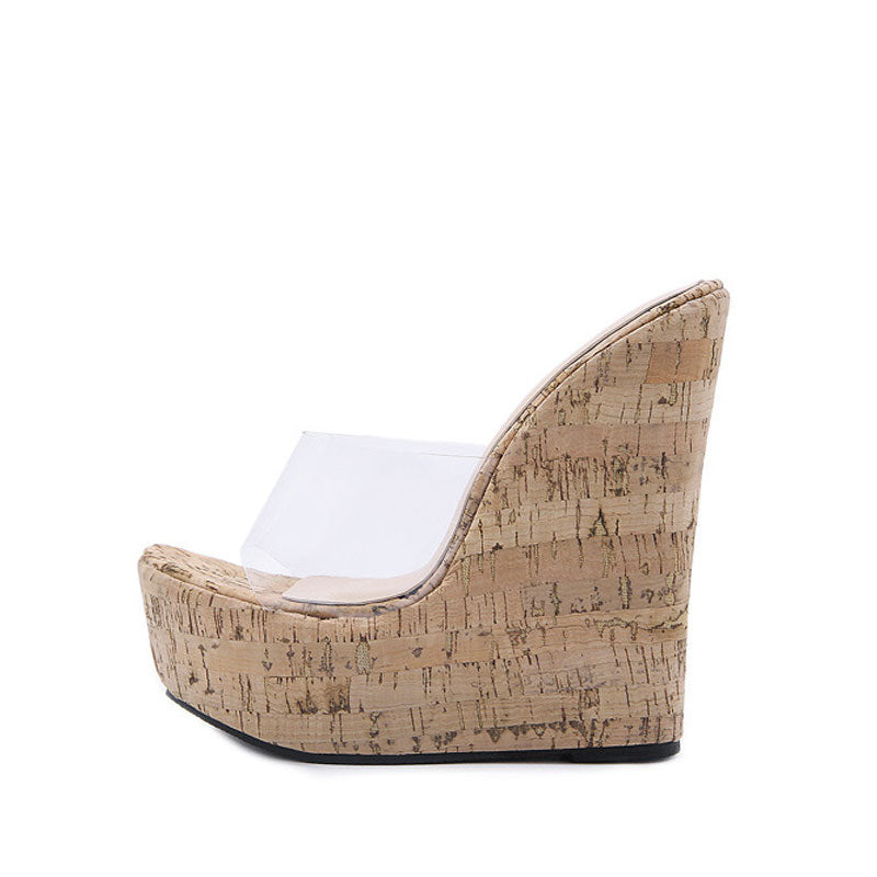 Sexy Clear Open Round Toe Platform Wedge Mules - Apricot