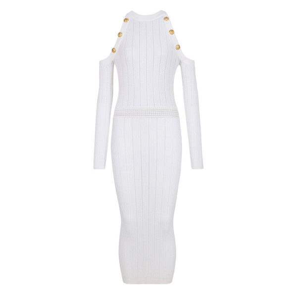 Sexy Cold Shoulder Gold Button Round Neck Long Sleeve Bodycon Cable Rib Knit Midi Dress
