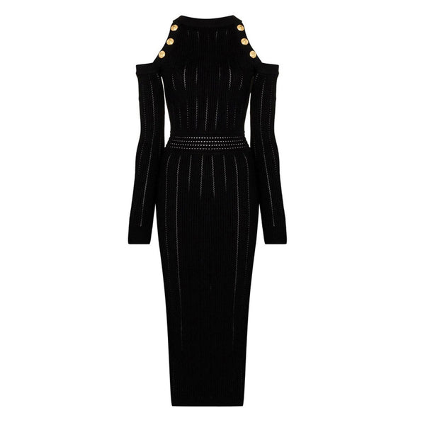 Sexy Cold Shoulder Gold Button Round Neck Long Sleeve Bodycon Cable Rib Knit Midi Dress
