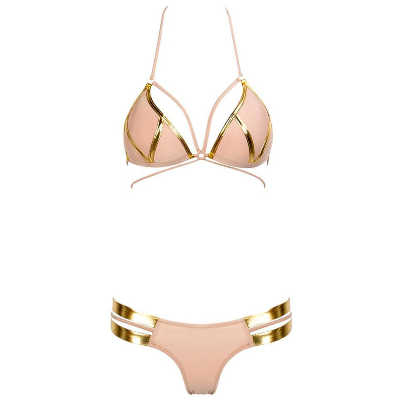 Sexy Contrast Metallic Cutout Push Up Brazilian Bikini Set - Khaki