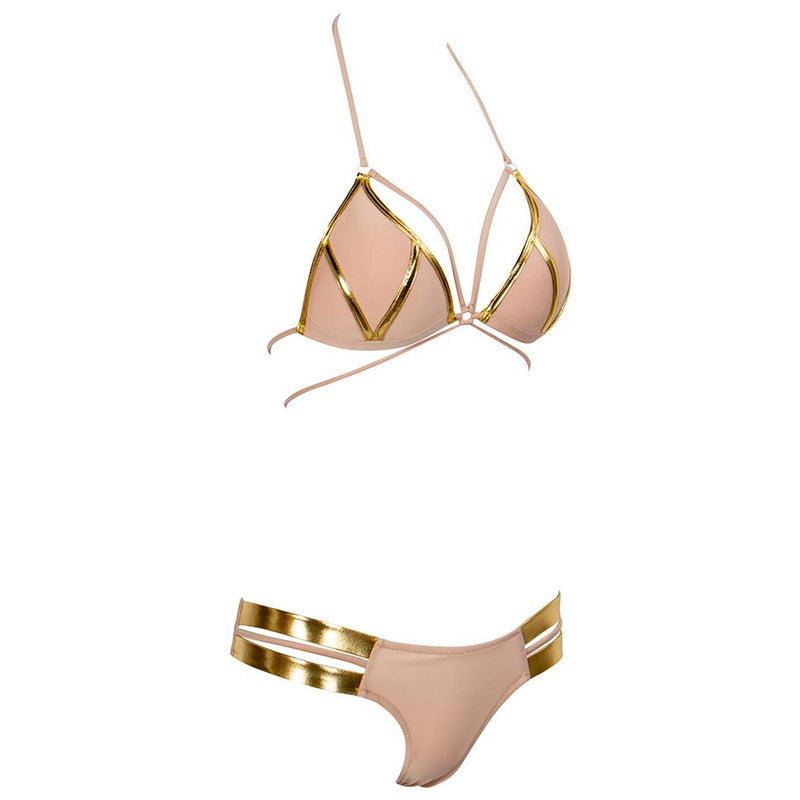 Sexy Contrast Metallic Cutout Push Up Brazilian Bikini Set - Khaki