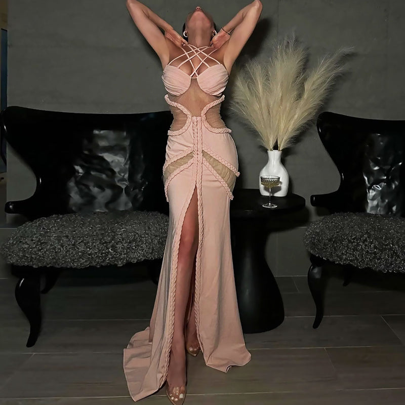 Sexy Criss Cross Braided Mesh Cutout Front Slit Maxi Evening Dress - Dusty Pink
