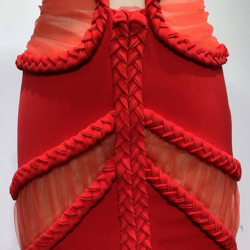 Sexy Criss Cross Braided Mesh Cutout Front Slit Maxi Evening Dress - Red