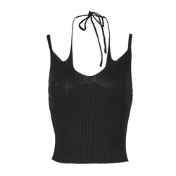 Sexy Cross Front Halter Neck Fitted Ribbed Knit Layered Crop Top