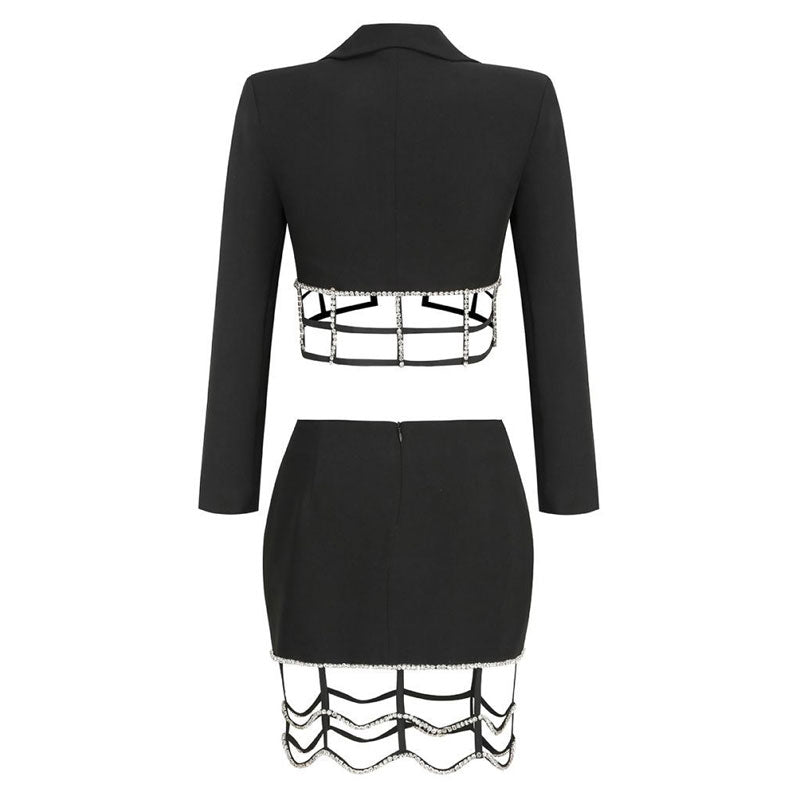 Sexy Crystal Embellished Cutout Lapel Collar Crop Blazer Matching Set - Black