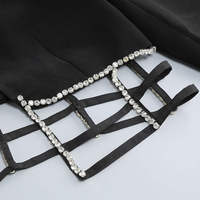 Sexy Crystal Embellished Cutout Lapel Collar Crop Blazer Matching Set - Black
