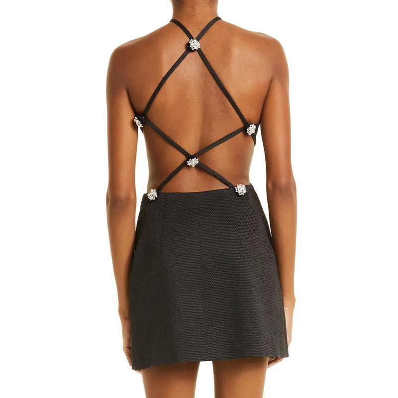 Sexy Crystal Embellished Side Cutout Backless Mini Bandage Dress - Black