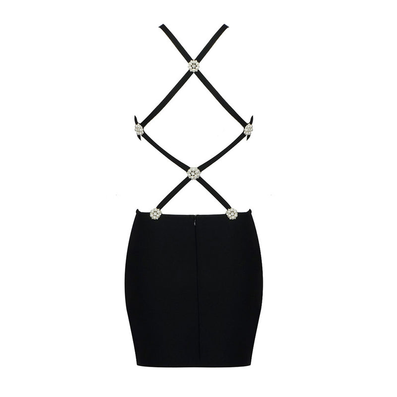 Sexy Crystal Embellished Side Cutout Backless Mini Bandage Dress - Black