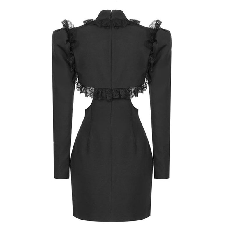 Sexy Crystal High Neck Lace Trim Puff Sleeve Bodycon Cutout Party Mini Dress