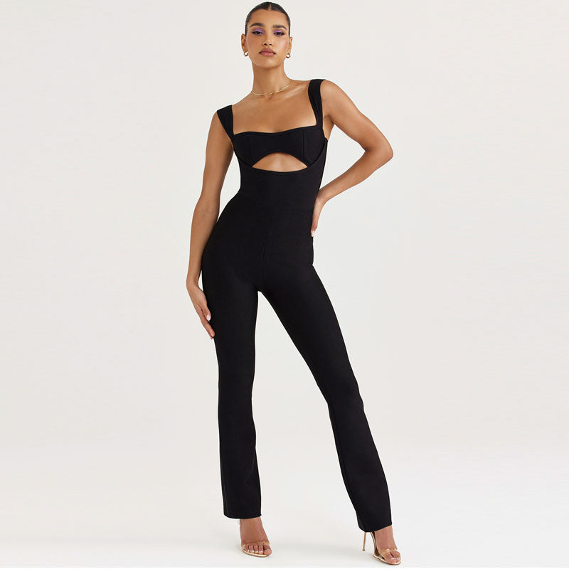 Sexy Cutout Square Neck Suspender Strap Straight Leg Bandage Jumpsuit