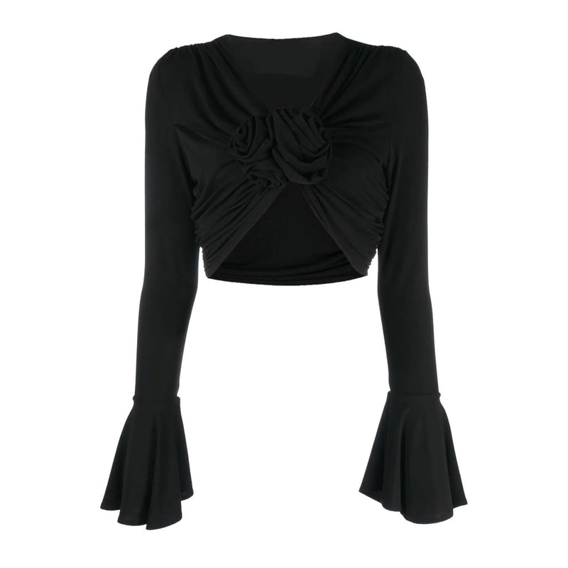 Sexy Cutout V Neck Bell Sleeve 3D Rosette Detail Ruched Crop Top