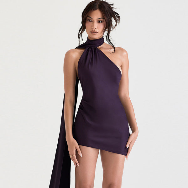 Sexy Draped Halter Neck Backless Sleeveless Satin Mini Dress - Purple