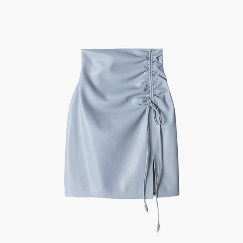 Sexy Drawstring Ruched Side Slit Faux Leather Mini Bodycon Skirt - Dusty Blue