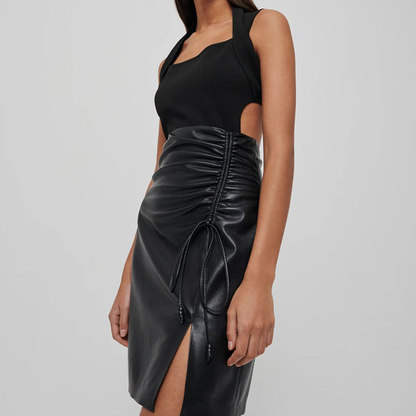 Sexy Drawstring Ruched Side Slit Faux Leather Mini Bodycon Skirt - Black